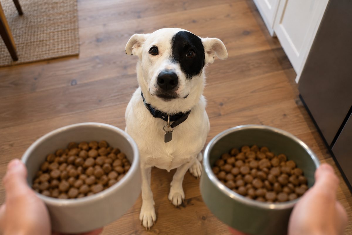 A dog choosing between two food bowls on a kitchen floor